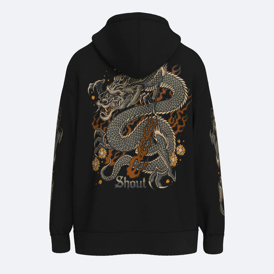 Oversize Shout Flower Dragon Oldschool Unisex Zip Up Hoodie