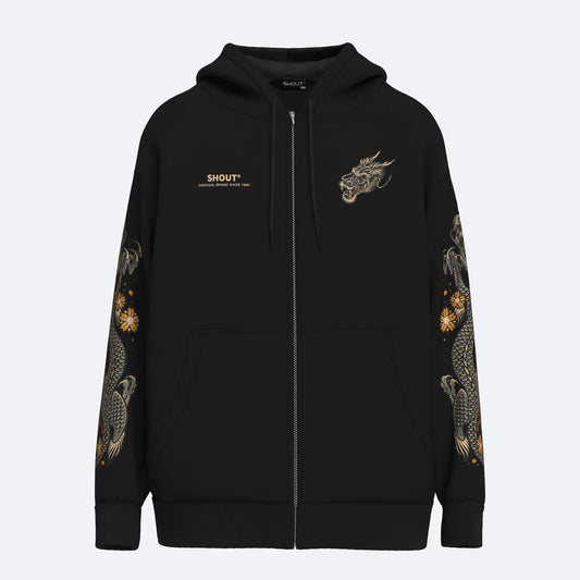 Oversize Shout Flower Dragon Oldschool Unisex Zip Up Hoodie